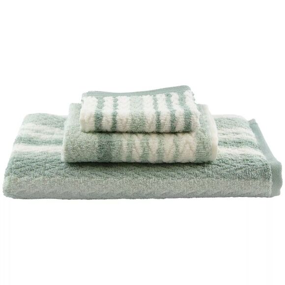Smart Home Striped Jacquard Green and White Three Piece Bath Towel Set - Picture 1 of 7